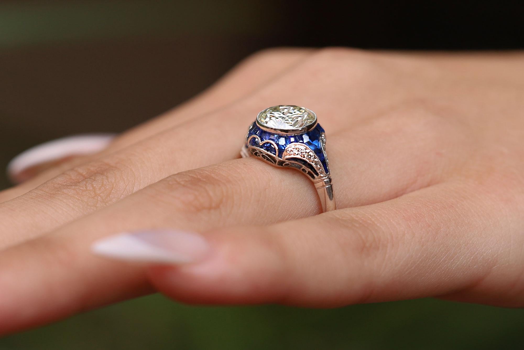 Women's or Men's Art Deco Revival 2.34 Carat Diamond & Sapphire Engagement Ring