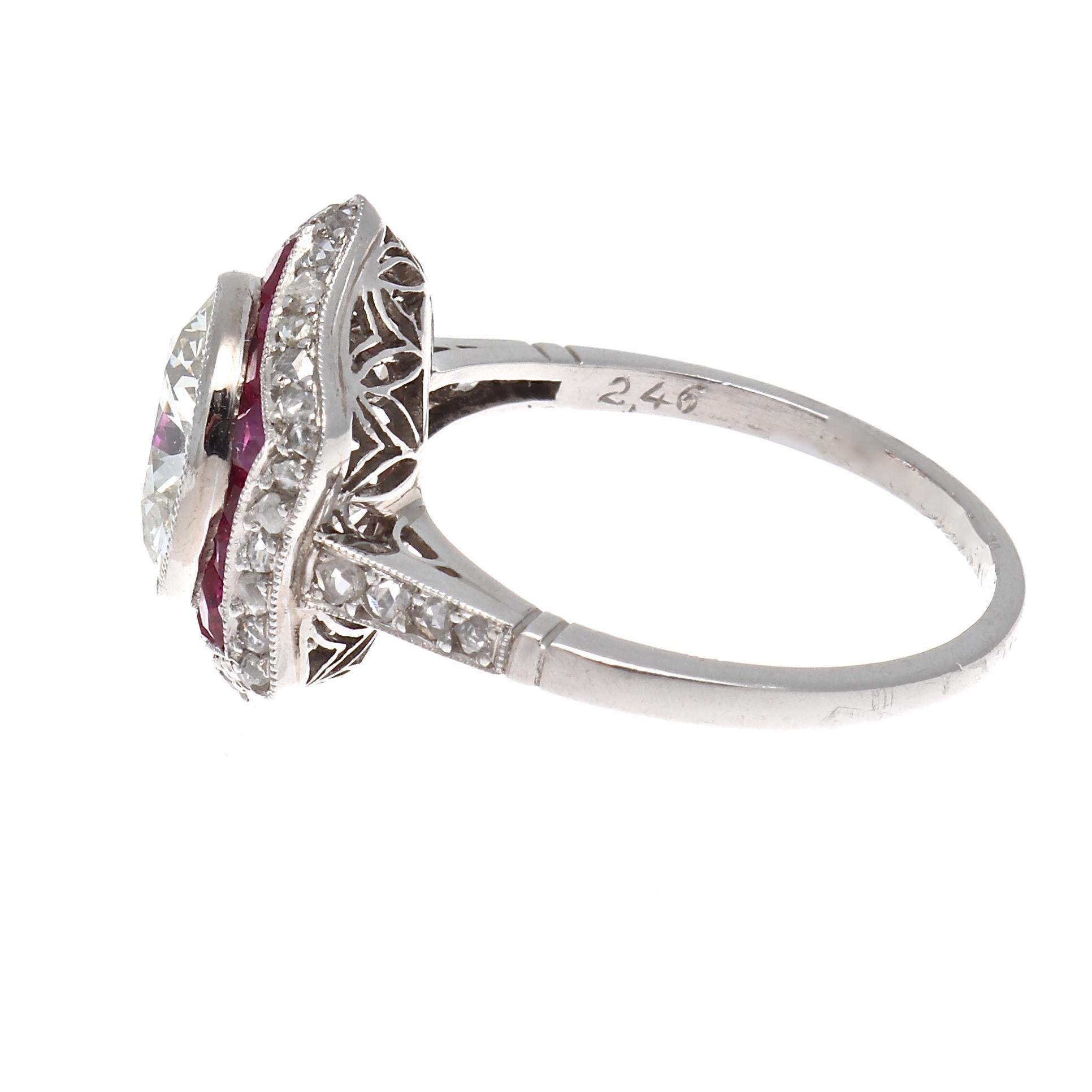 Art Deco Revival 2.46 Carat Diamond Ruby Platinum Ring In Excellent Condition In Beverly Hills, CA