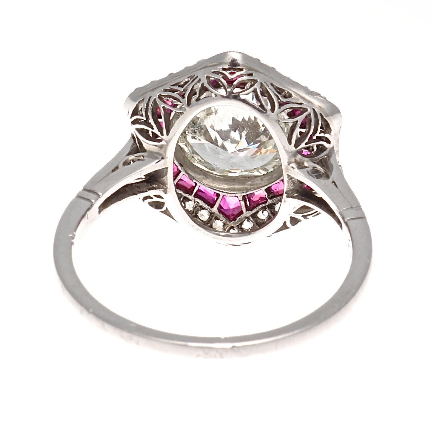 Art Deco Revival 2.46 Carat Diamond Ruby Platinum Ring 1