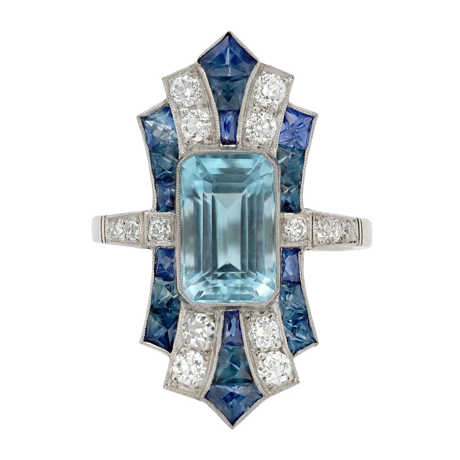 Anillo de Cóctel Art Decó Revival Escudo Alargado Zafiro Aguamarina 3 Quilates Corte esmeralda en venta