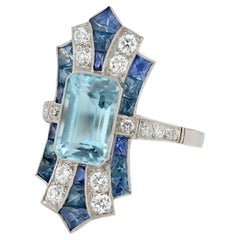 Art Deco Revival 3 Carat Aquamarine Sapphire Elongated Shield Cocktail Ring