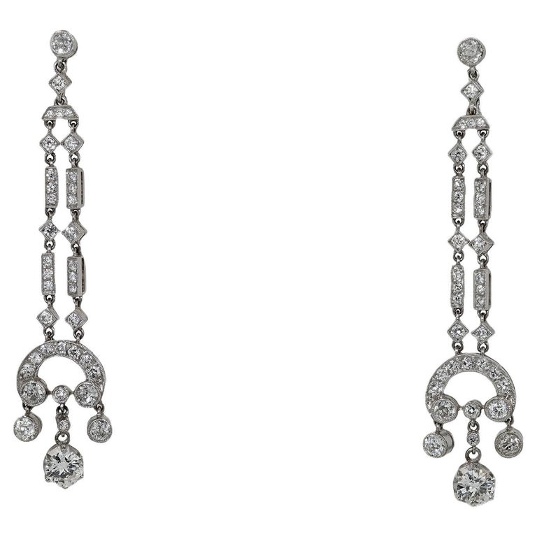 Art Deco Revival 3 Carat Diamond Drop Chandelier Earrings For Sale at