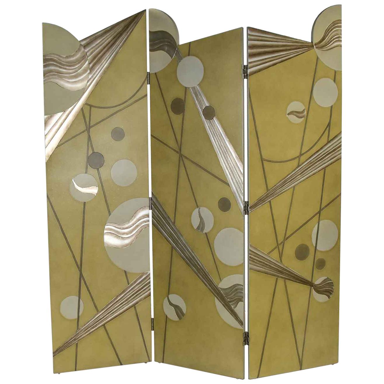 Art Deco Revival 3-Panel Folding Screen or Room Divider Gold Silver and Bronze