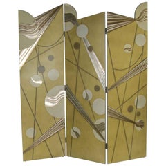 Retro Art Deco Revival 3-Panel Folding Screen or Room Divider Gold Silver and Bronze