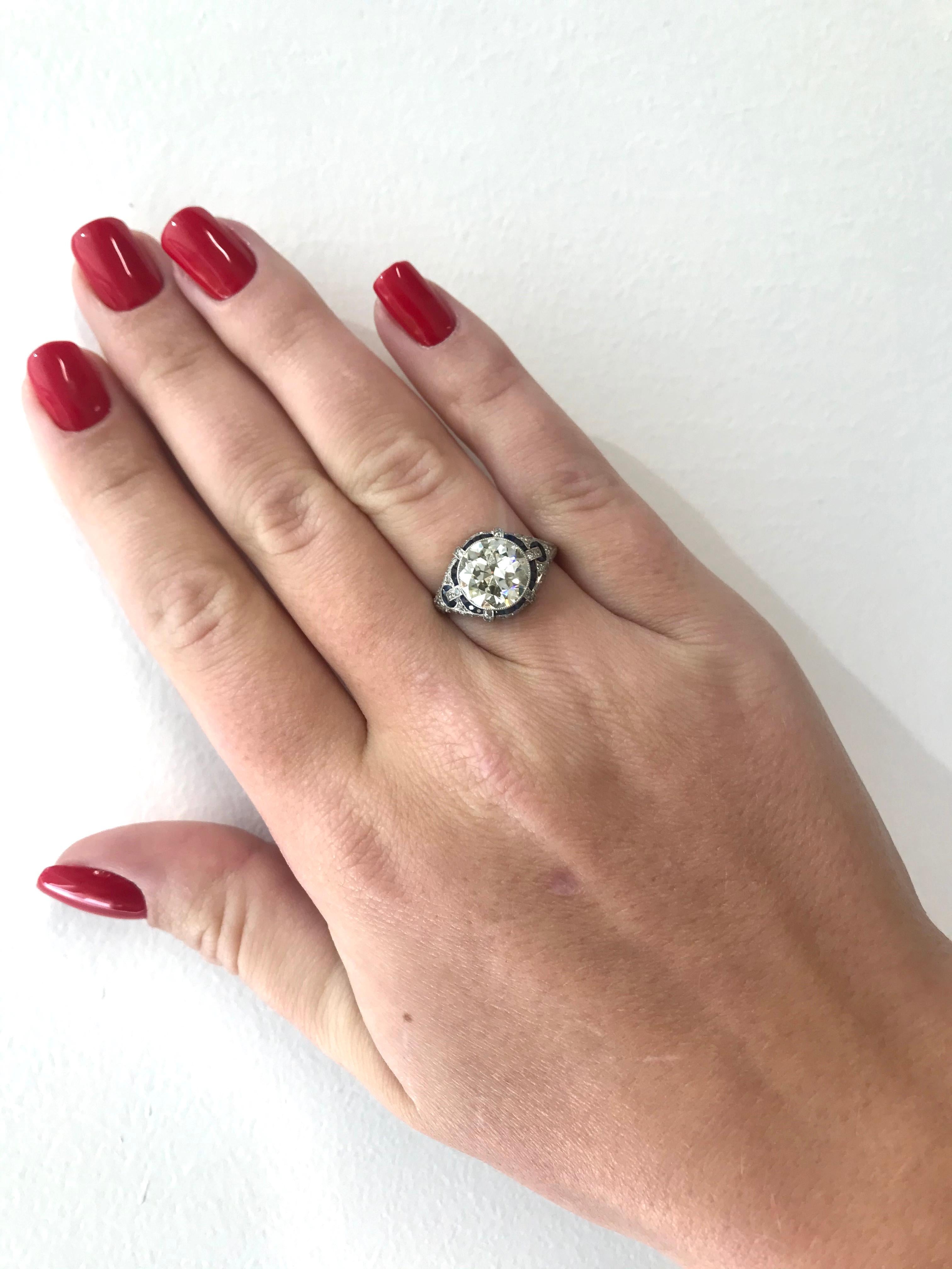 Art Deco Style 3.31 Carat Diamond Sapphire Platinum Engagement Ring 5