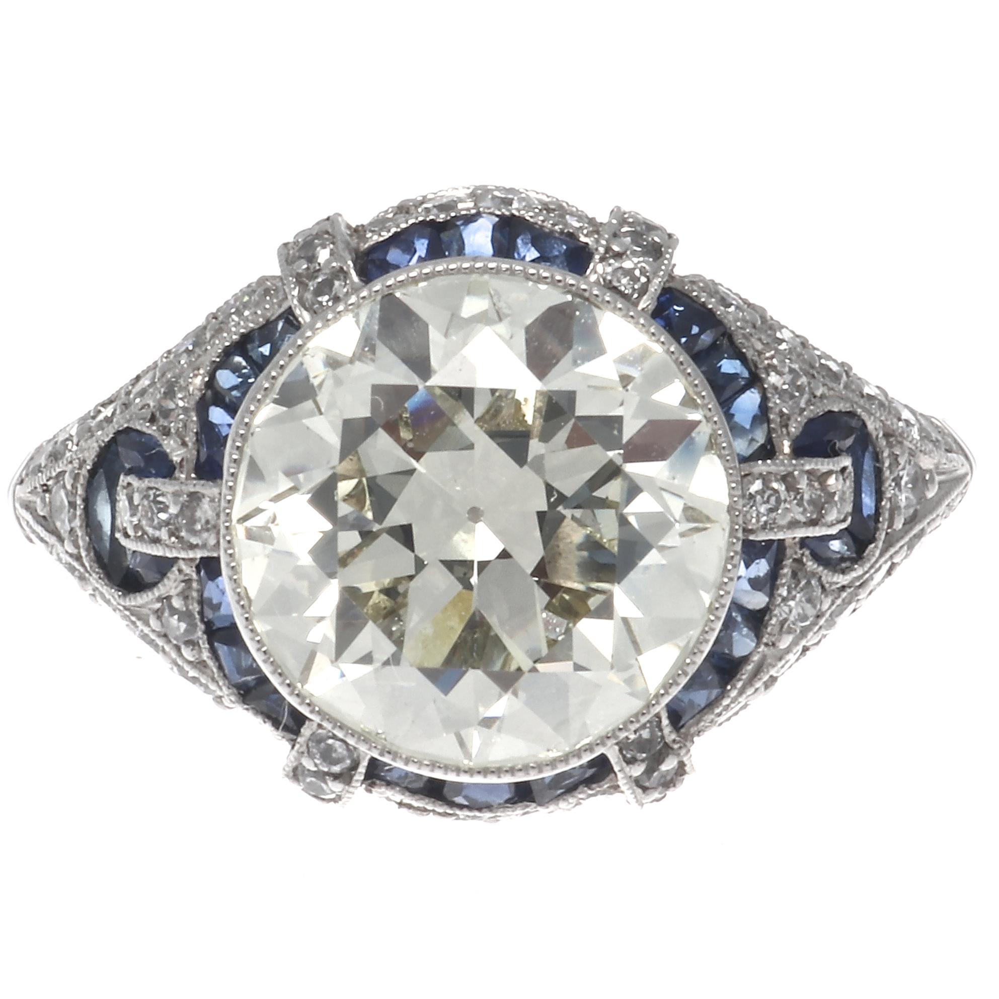 Old European Cut Art Deco Style 3.31 Carat Diamond Sapphire Platinum Engagement Ring