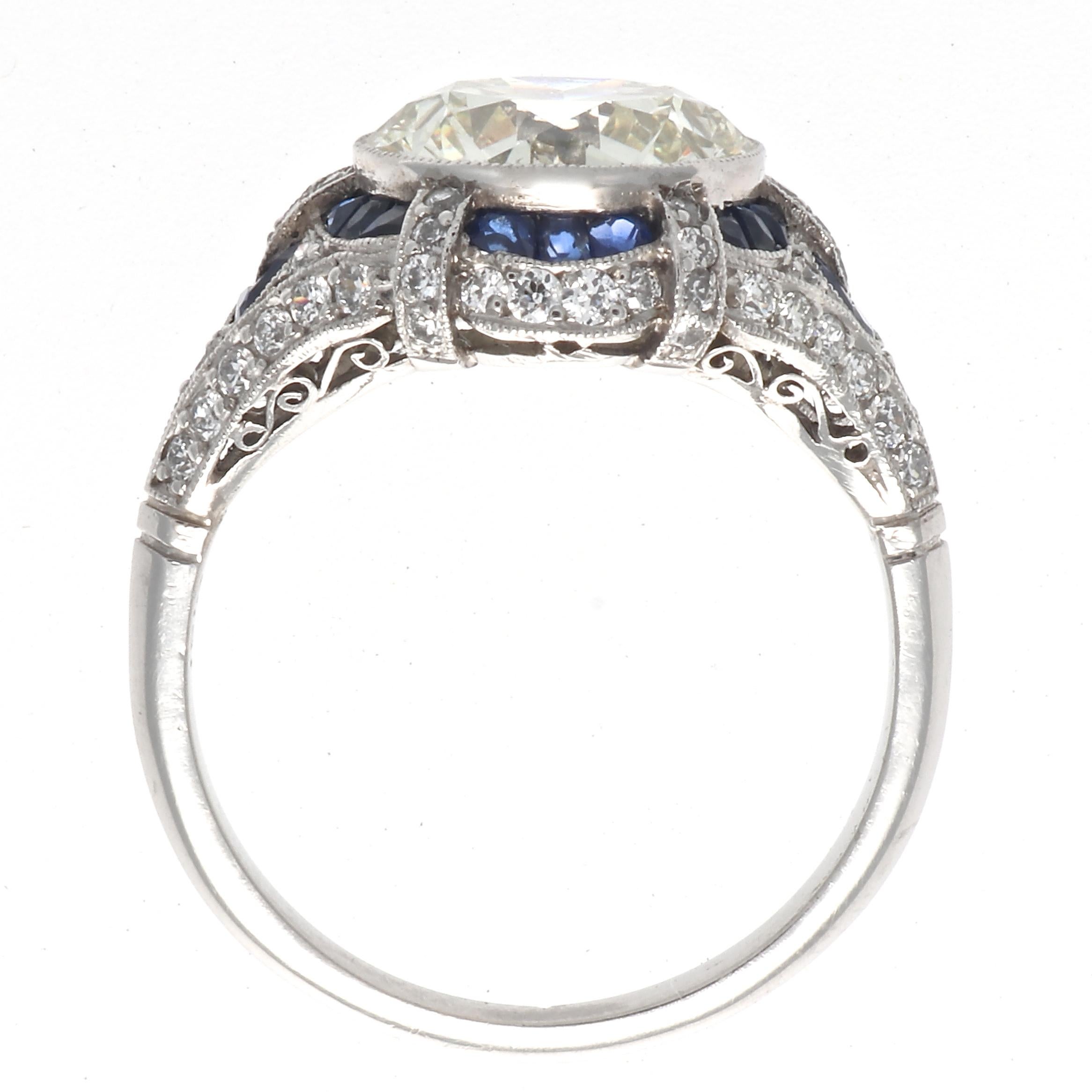 Women's Art Deco Style 3.31 Carat Diamond Sapphire Platinum Engagement Ring