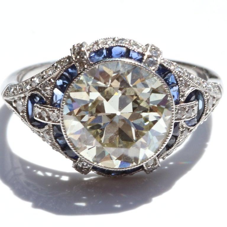 Art Deco Style 3.31 Carat Diamond Sapphire Platinum Engagement Ring 2