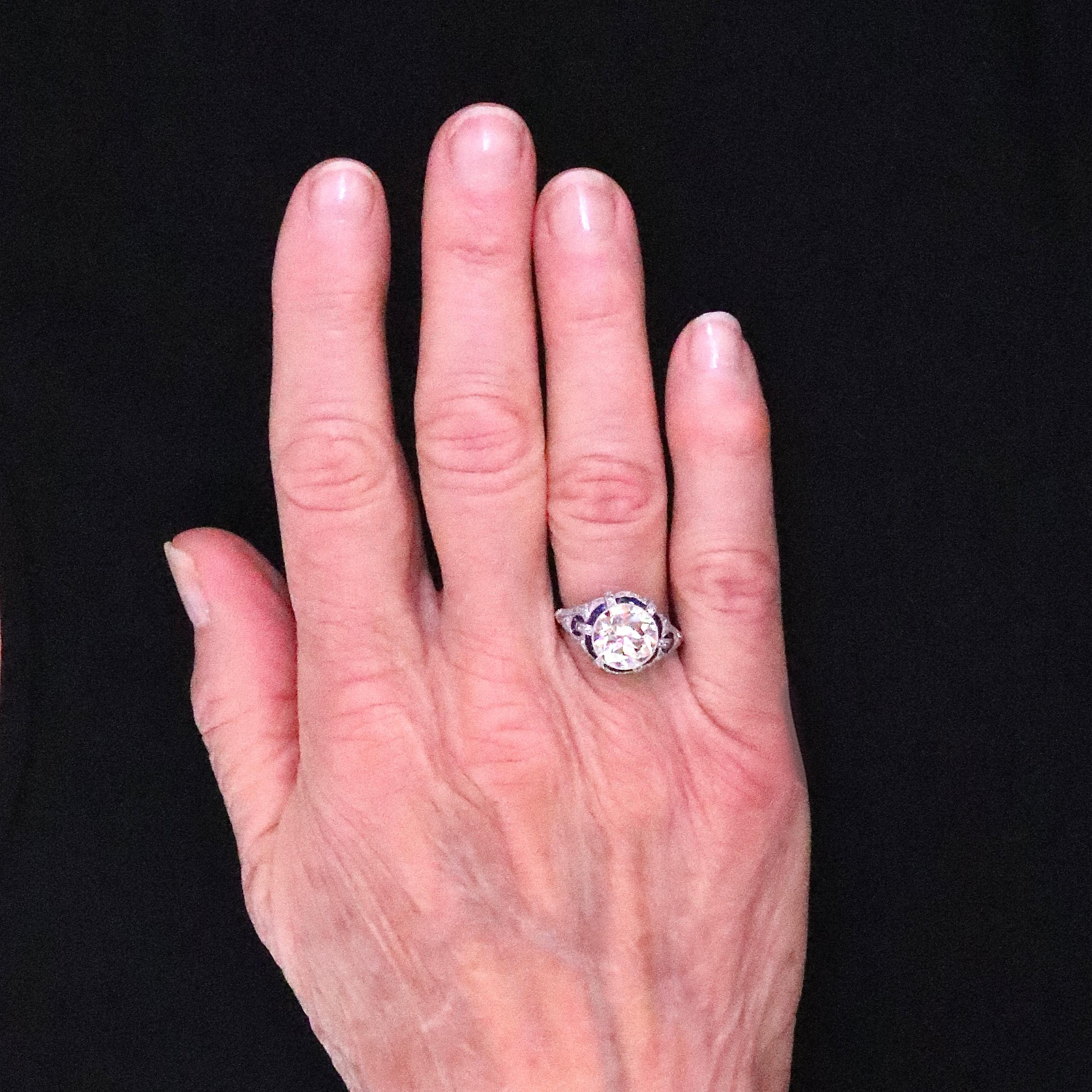 Art Deco Revival 3.31 Carat Diamond Sapphire Platinum Engagement Ring 2