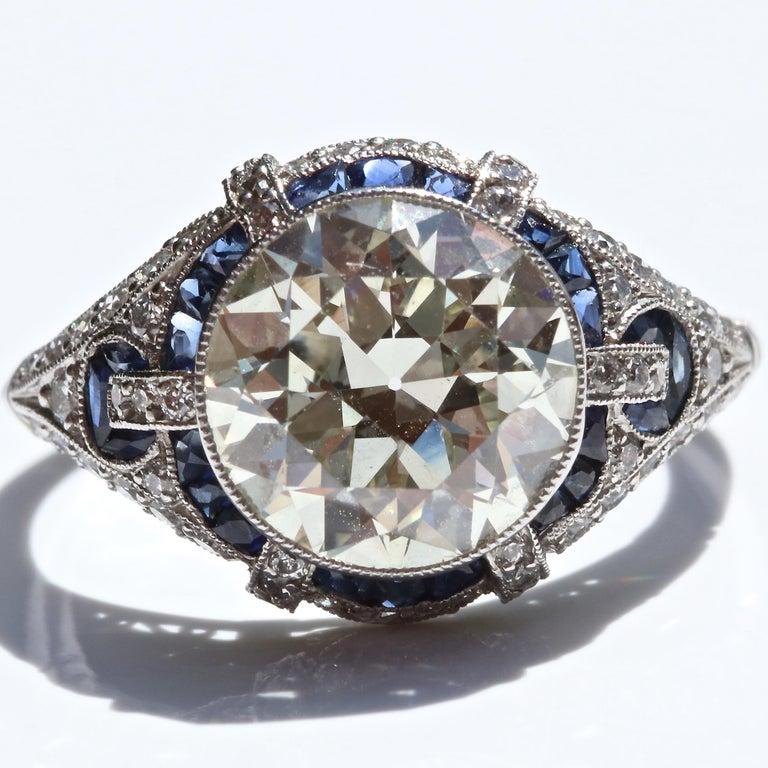 Art Deco Style 3.31 Carat Diamond Sapphire Platinum Engagement Ring 3