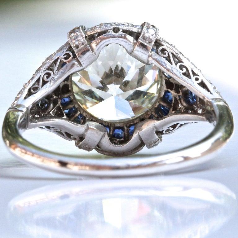 Art Deco Style 3.31 Carat Diamond Sapphire Platinum Engagement Ring 4