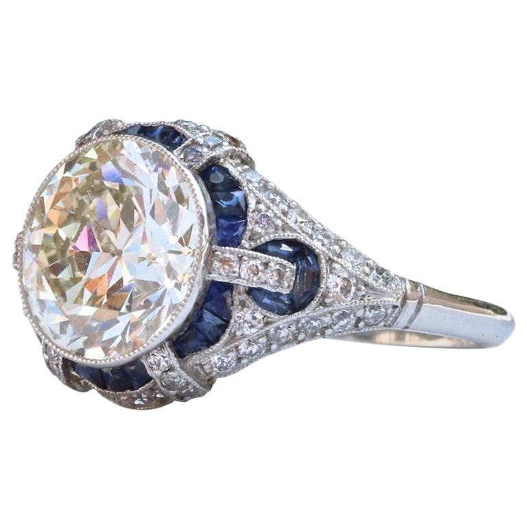 Art Deco Style 3.31 Carat Diamond Sapphire Platinum Engagement Ring