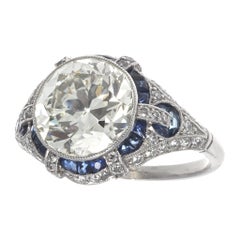 Art Deco Revival 3.31 Carat Diamond Sapphire Platinum Engagement Ring