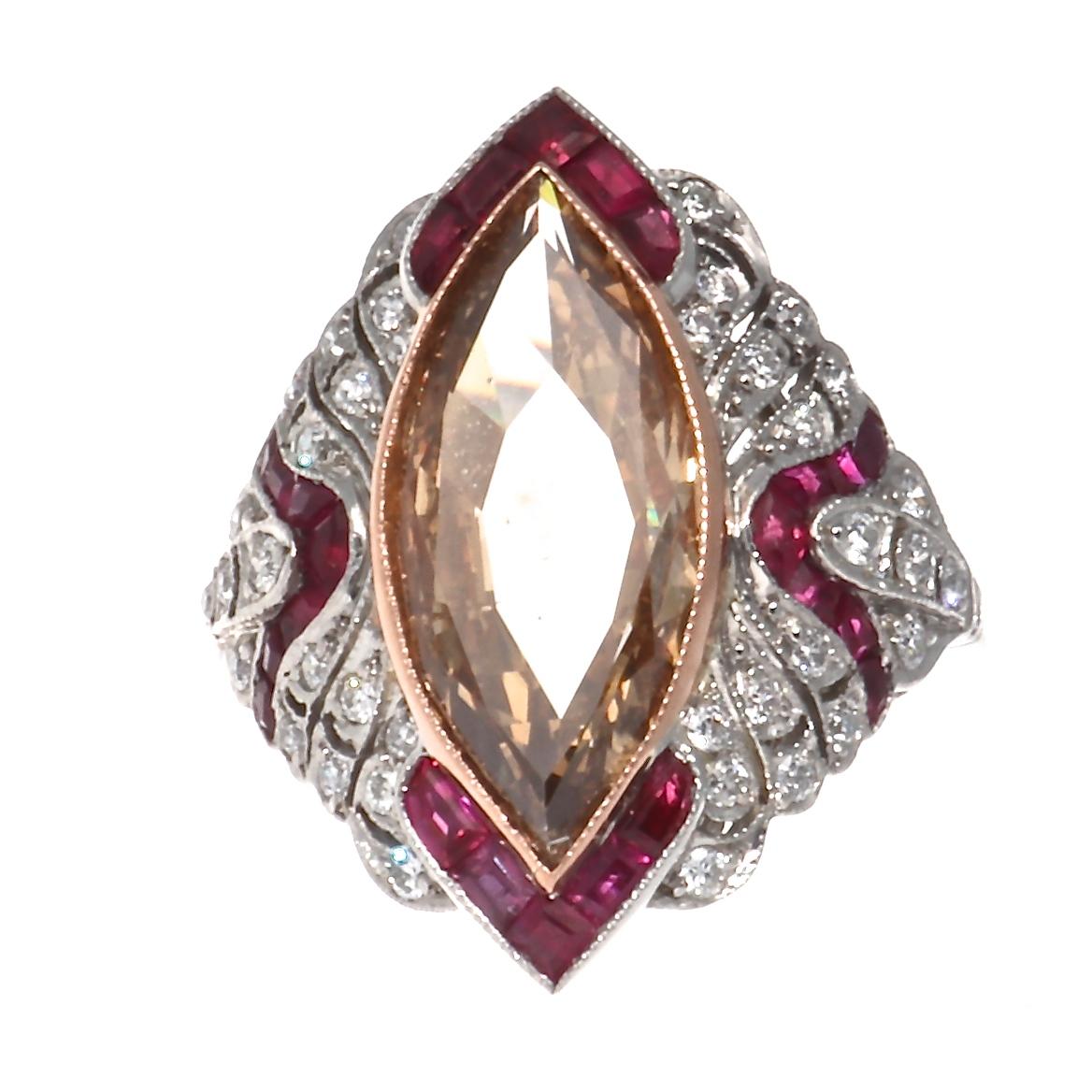 Featuring a 3.84-carat natural orangish-brown fancy color diamond that is perfectly accented by perfectly calibrated vivid red rubies and numerous near colorless diamonds. Excellently placed in the magnificently hand crafted platinum ring. Ring size