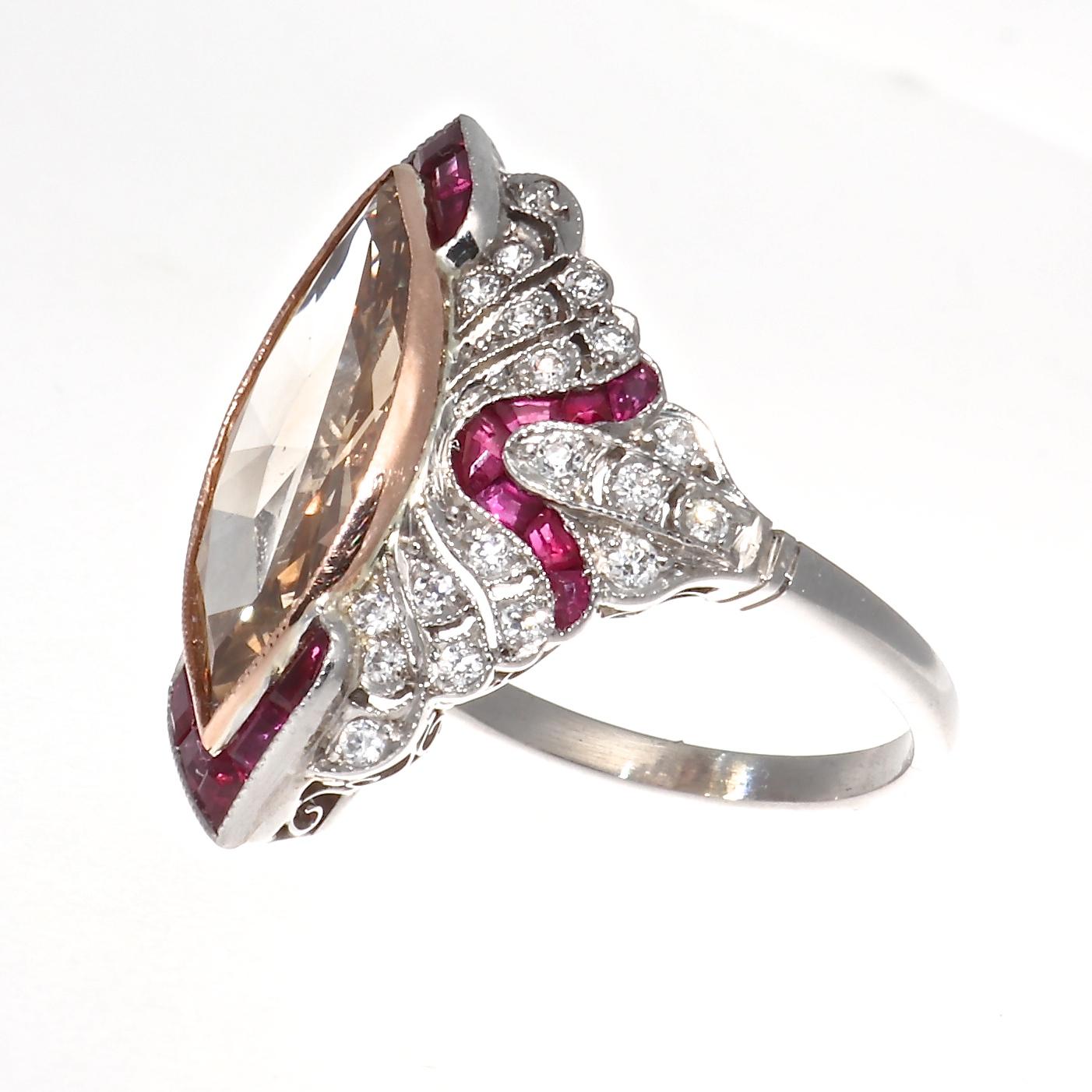 Women's Art Deco Revival 3.84 Carat Natural Fancy Color Diamond Ruby Platinum Ring