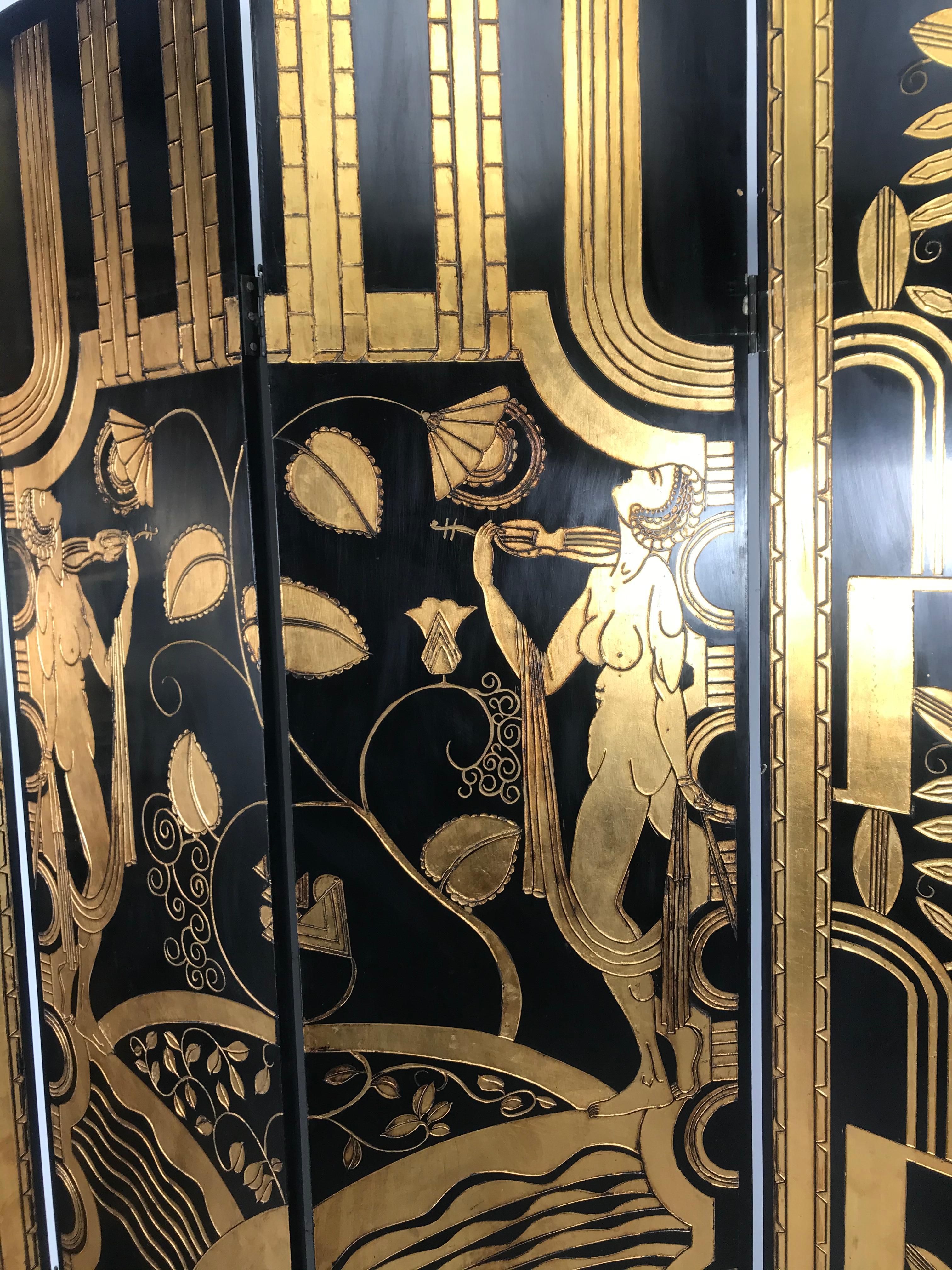 Art Deco Revival 4 Panel Screen / Room Divider, Carved and Gilt, Woman Motif 4
