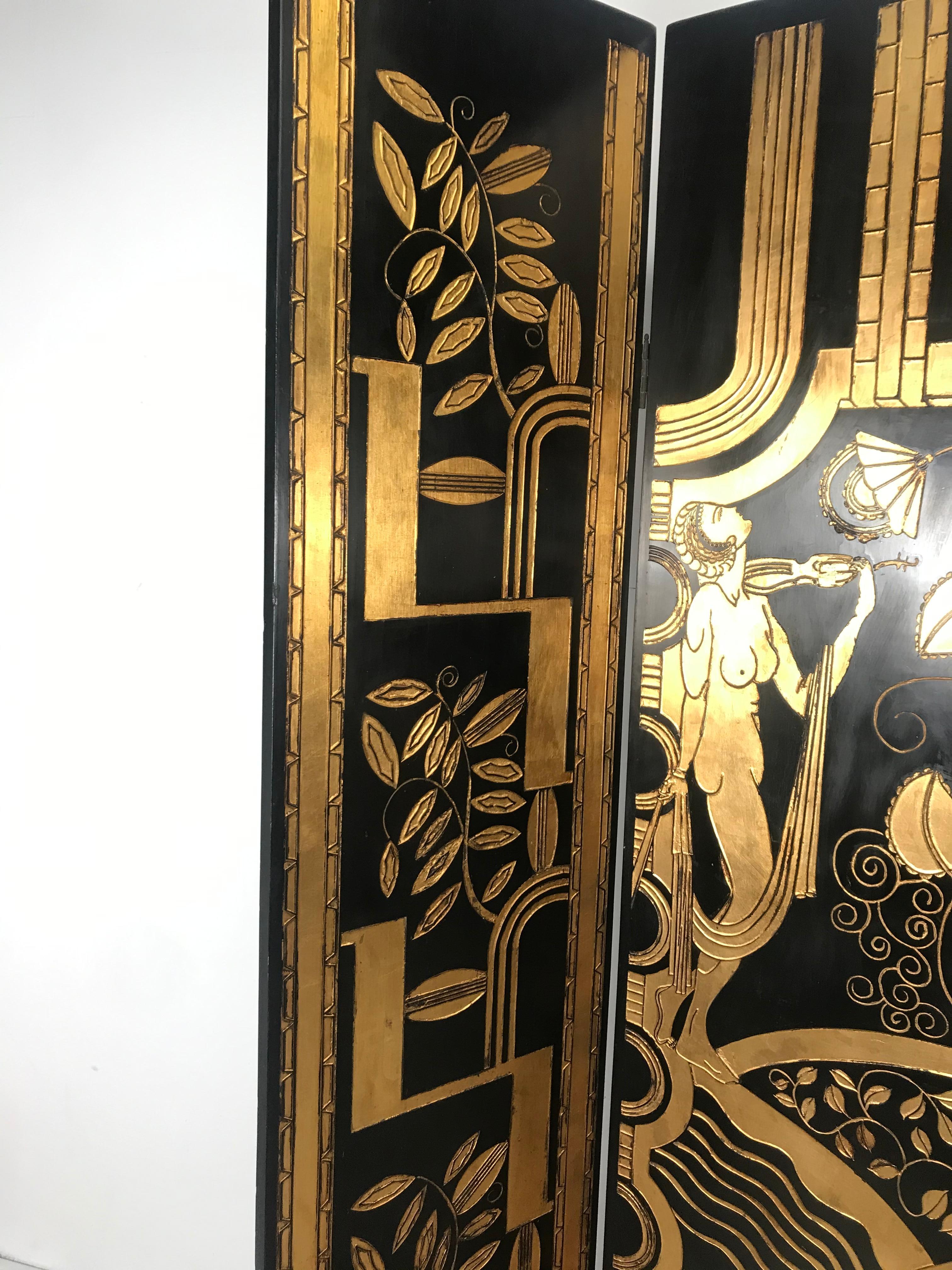 Stunning Art Deco Revival 4 panel screen / room divider, carved, lacquered and gilt, depicting stylized woman, flowers giometric motif, Four hinged panels measuring 16