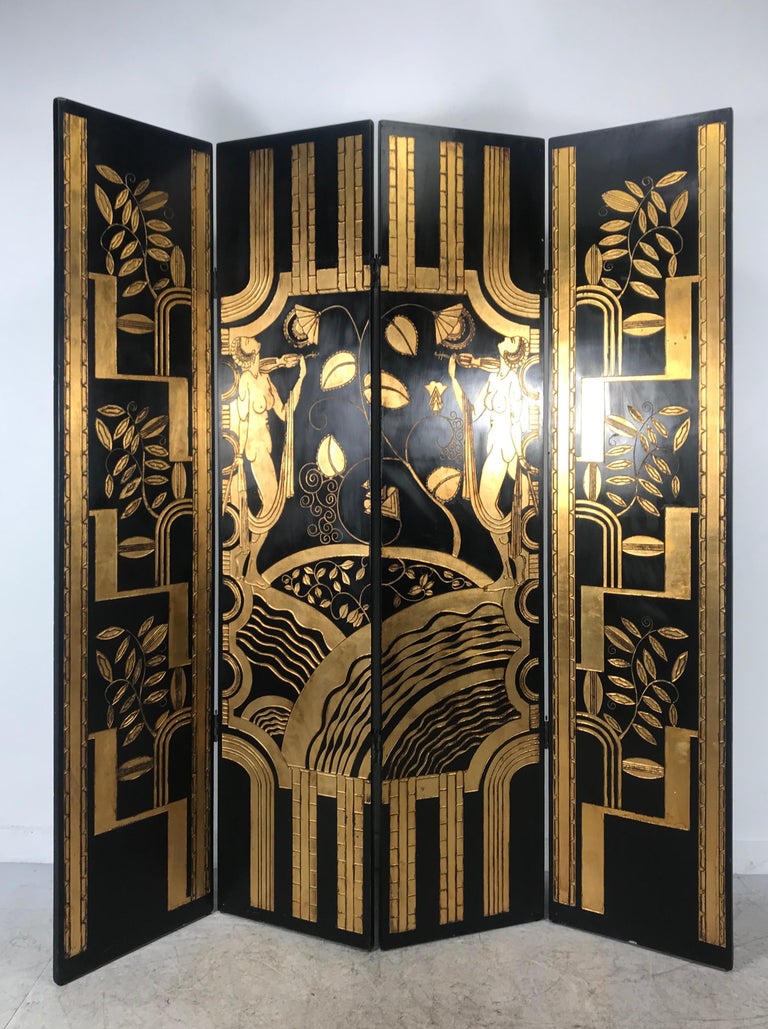 Art Deco Revival 4 Panel Screen / Room Divider, Carved and Gilt, Woman