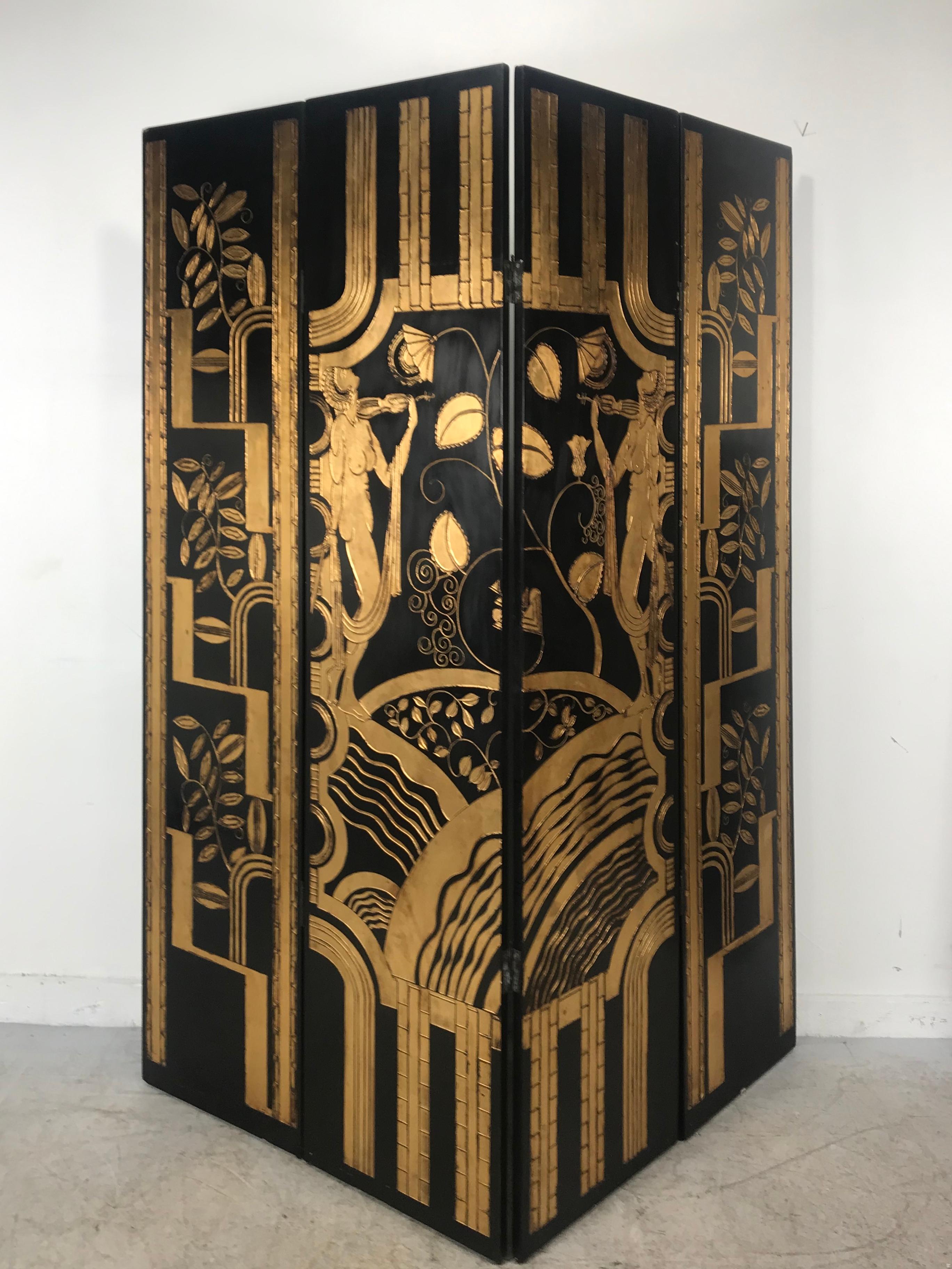 Art Deco Revival 4 Panel Screen / Room Divider, Carved and Gilt, Woman Motif In Good Condition In Buffalo, NY