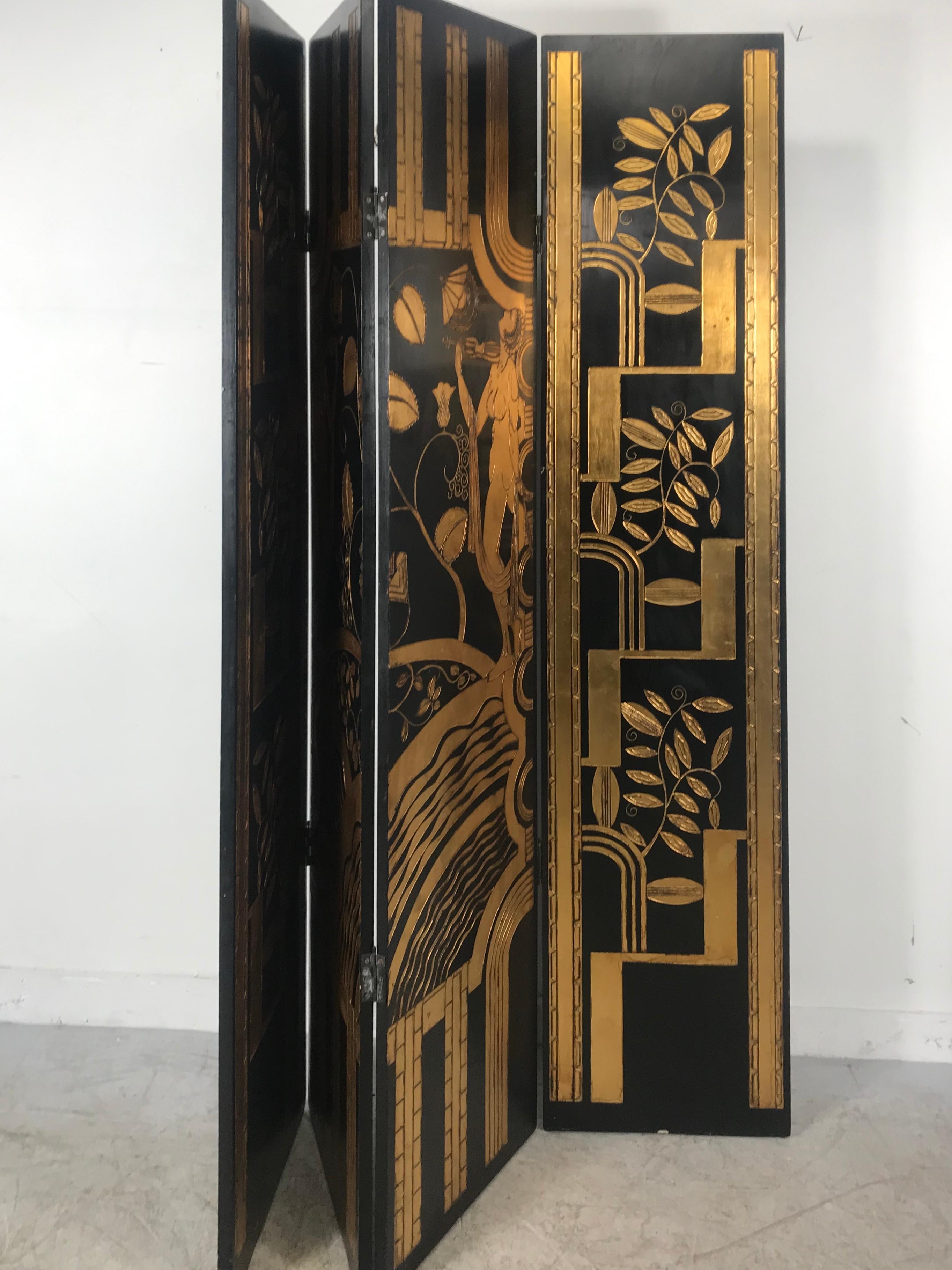 Late 20th Century Art Deco Revival 4 Panel Screen / Room Divider, Carved and Gilt, Woman Motif