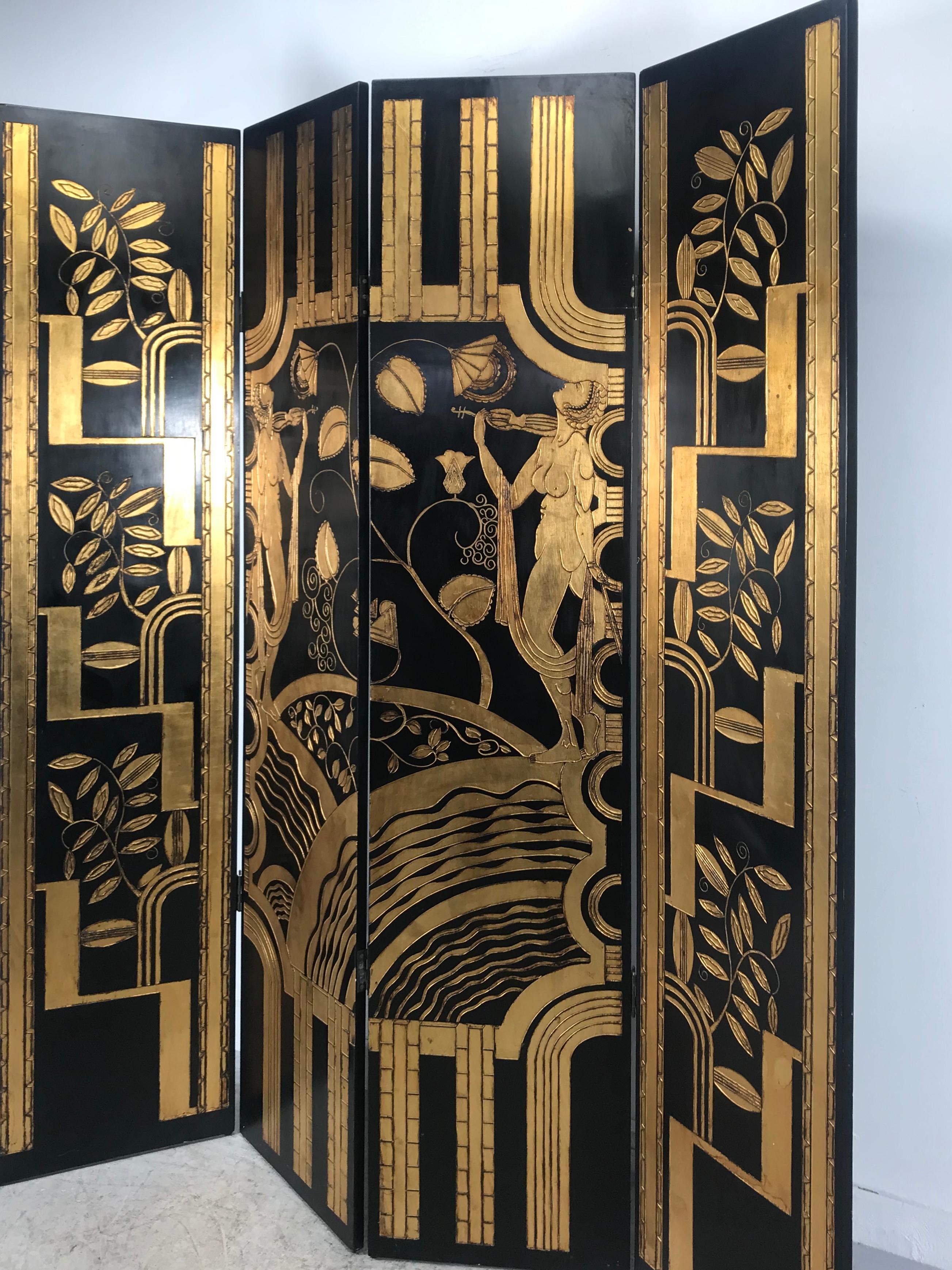 Wood Art Deco Revival 4 Panel Screen / Room Divider, Carved and Gilt, Woman Motif