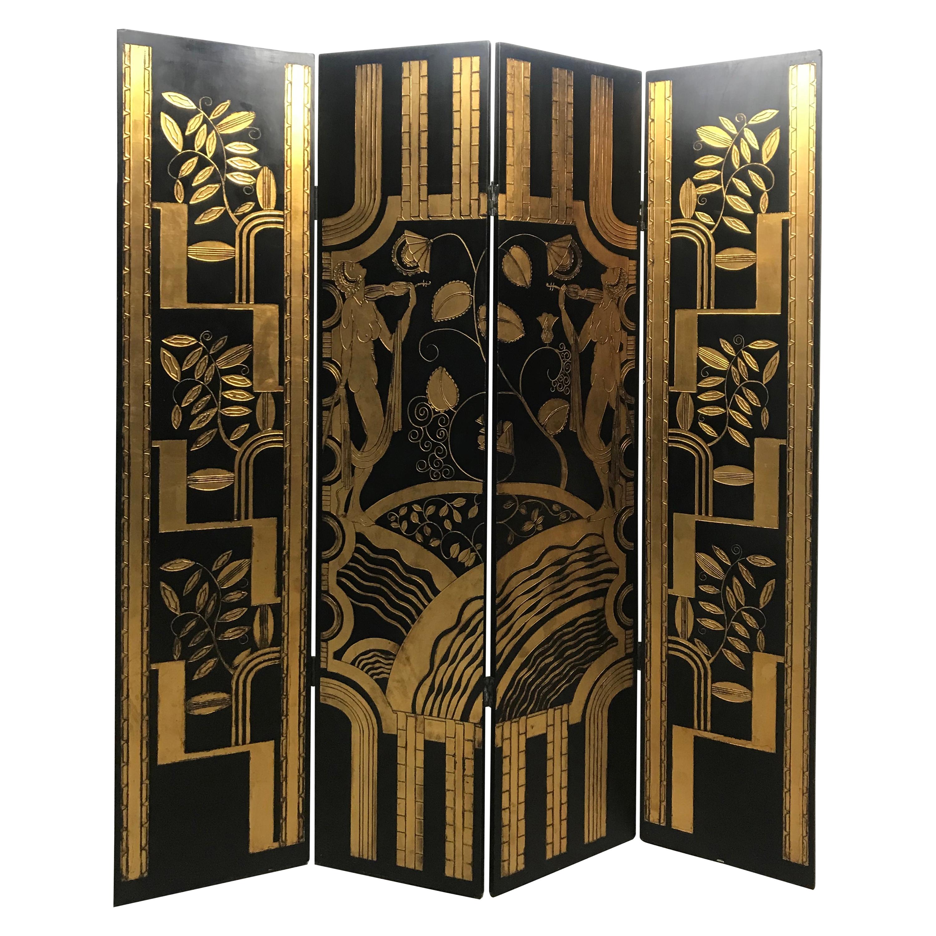 Art Deco Revival 4 Panel Screen / Room Divider, Carved and Gilt, Woman Motif