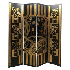 Art Deco Revival 4 Panel Paravent / Raumteiler:: geschnitzt und vergoldet:: Frauenmotiv