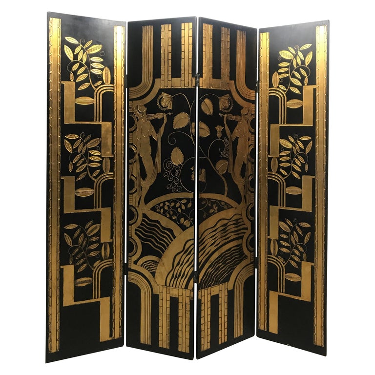 Art Deco Revival 4 Panel Screen / Room Divider, Carved and Gilt, Woman