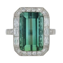 Art Deco Revival 8 Carat Emerald Cut Tourmaline & Diamond Platinum Ring