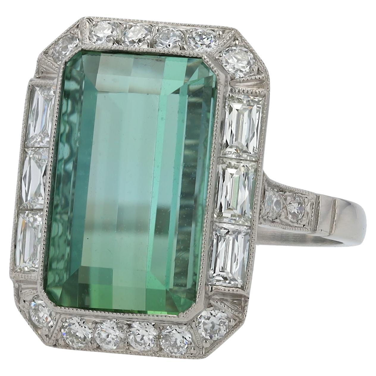 Art Deco Revival 8 Carat Emerald Cut Tourmaline & Diamond Platinum Ring