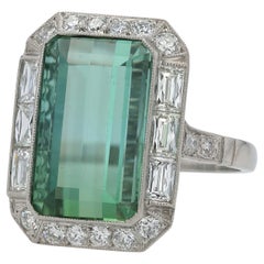 Art Deco Revival 8 Carat Emerald Cut Tourmaline & Diamond Platinum Ring