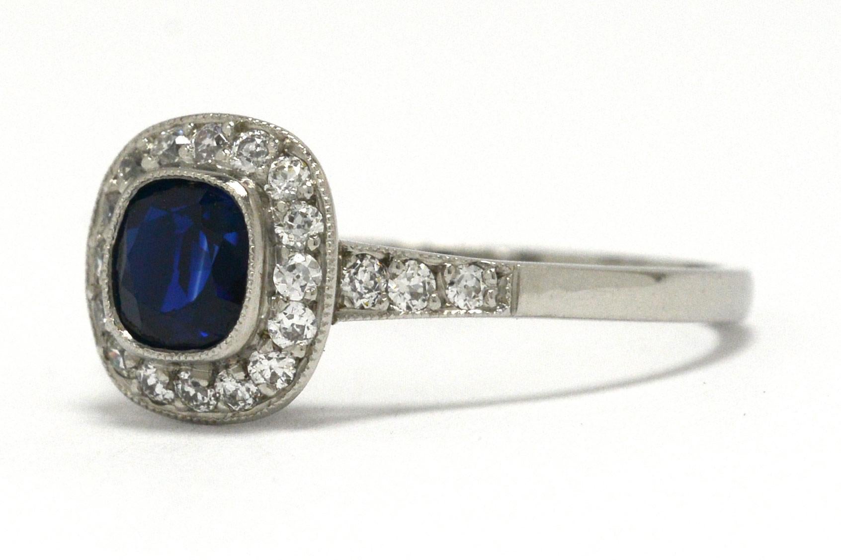 Art Deco Style Blue Sapphire Engagement Ring Diamond Halo Platinum Target In Good Condition In Santa Barbara, CA