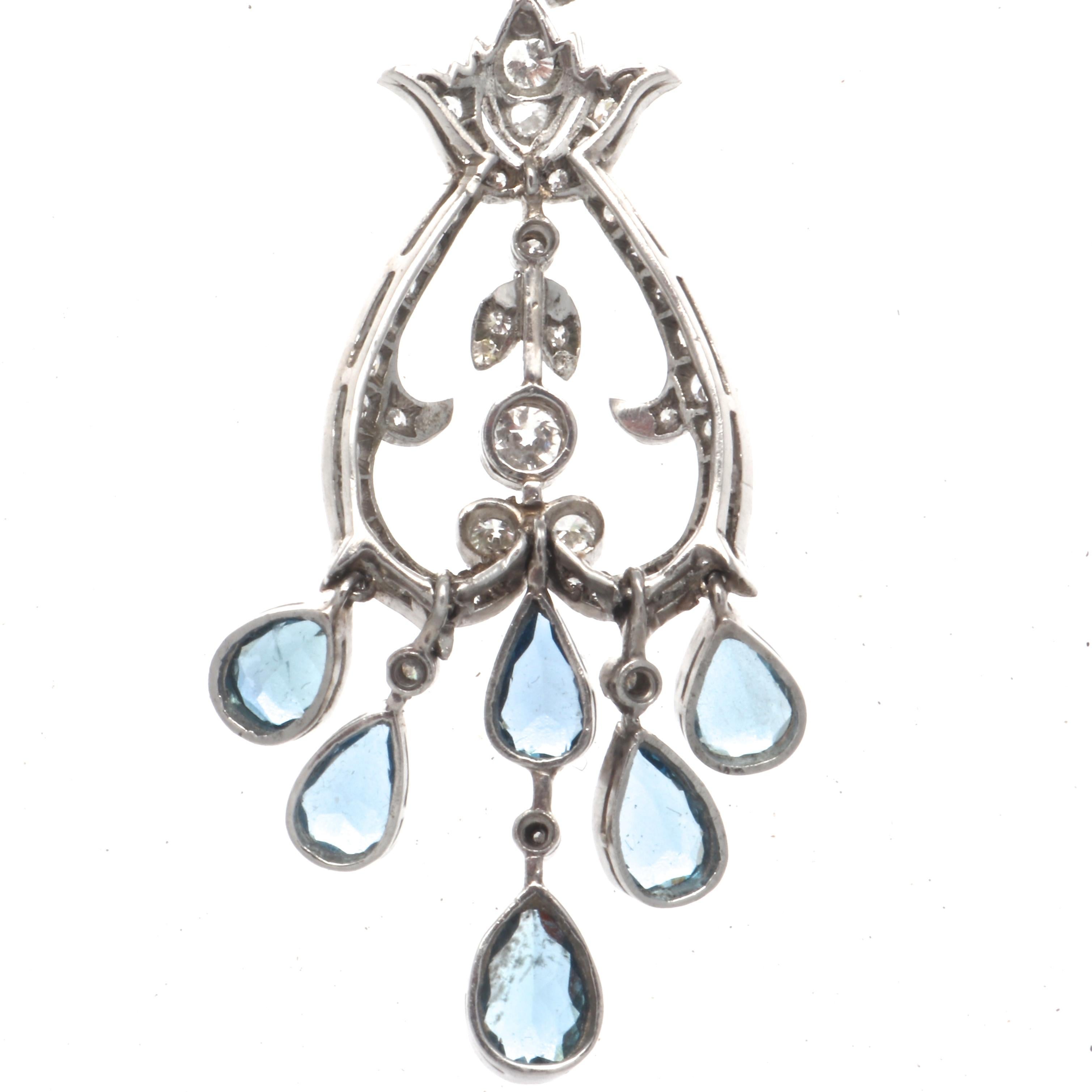 Old European Cut Art Deco Style Aquamarine Diamond Platinum Chandelier Earrings
