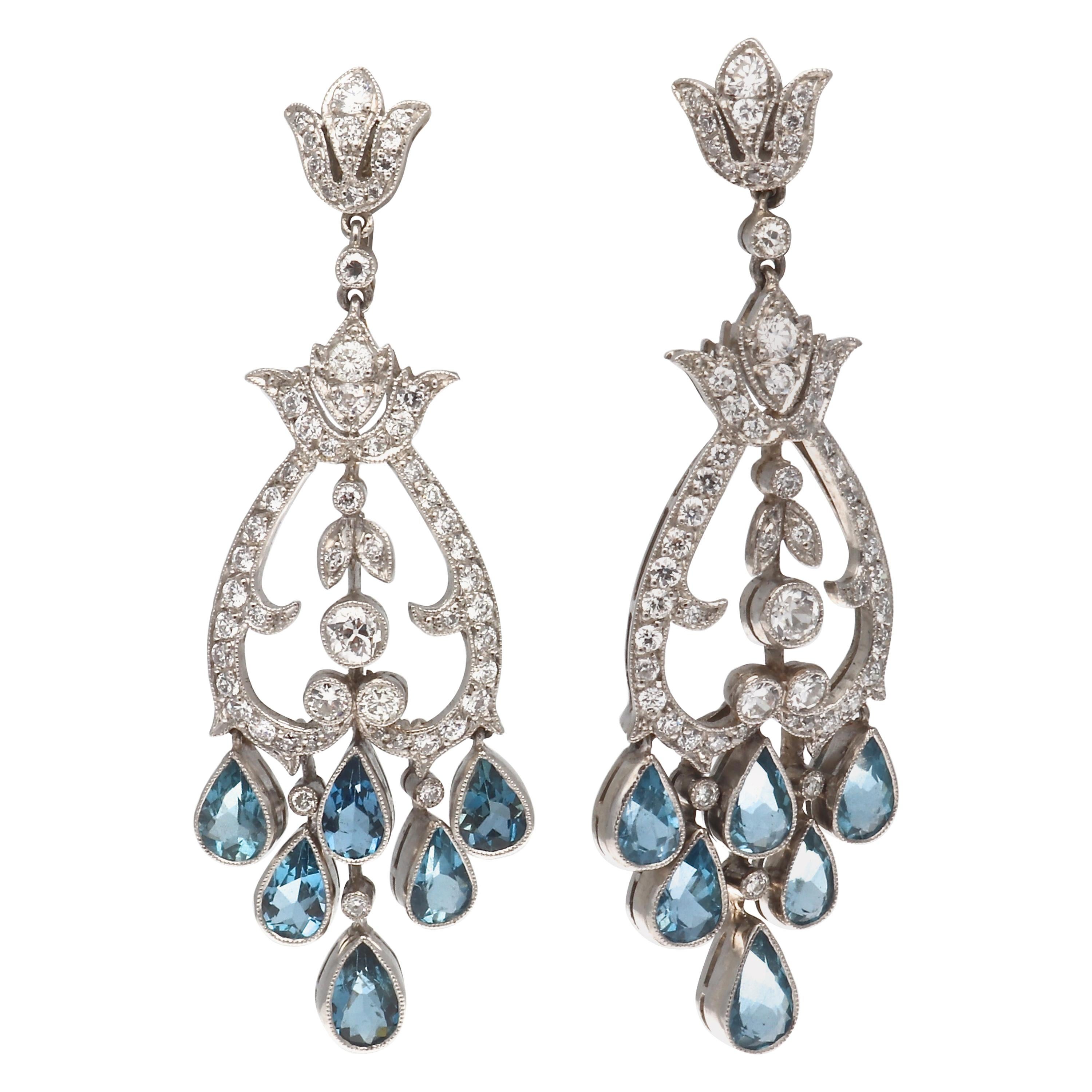 Art Deco Style Aquamarine Diamond Platinum Chandelier Earrings