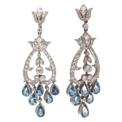 Art Deco Style Aquamarine Diamond Platinum Chandelier Earrings