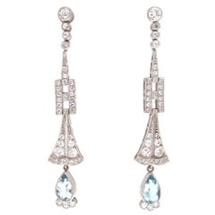 Art Deco Revival Aquamarine Diamond Platinum Earrings