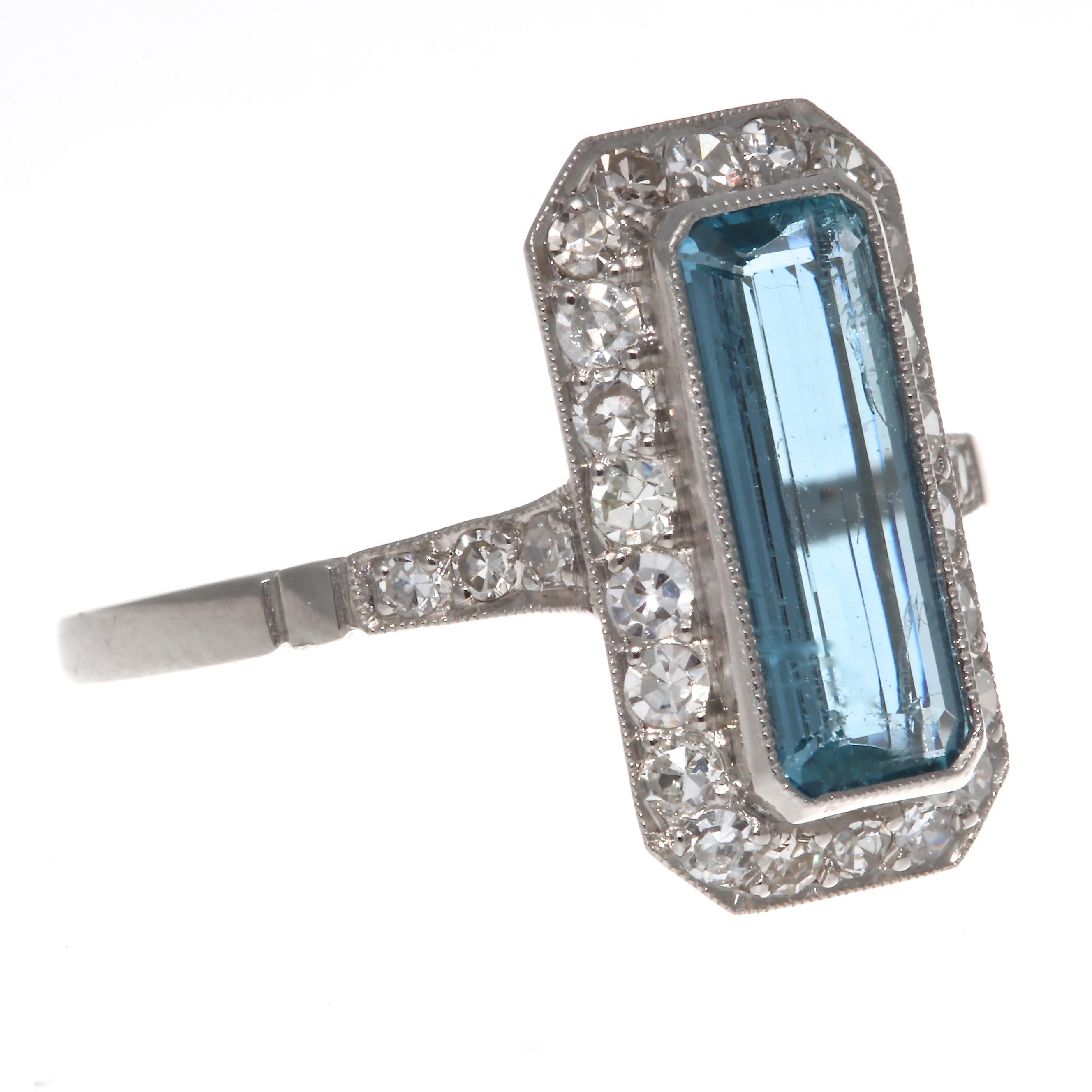 A shade in-between blue and green and one of the most soothing colors on the spectrum. It is believed to have magical powers and is known in ancient folklore as the treasure of mermaids. Featuring a 1.25 carat elongated emerald cut aquamarine that