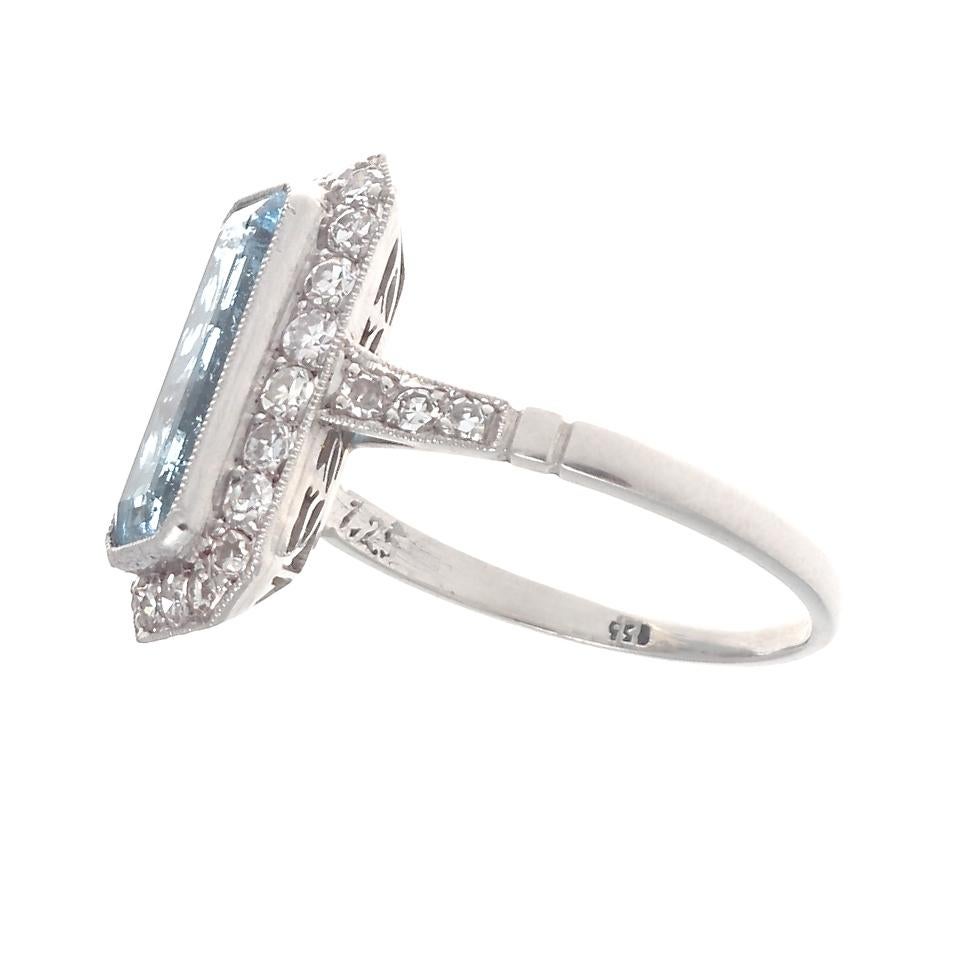 A shade in-between blue and green and one of the most soothing colors on the spectrum. It is believed to have magical powers and is known in ancient folklore as the treasure of mermaids. Featuring a 1.25 carat elongated emerald cut aquamarine, bezel