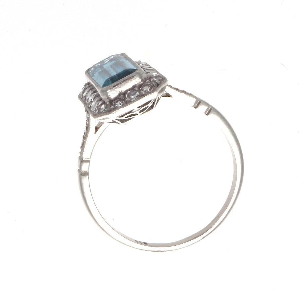 Art Deco Revival Aquamarine Diamond Platinum Ring In New Condition In Beverly Hills, CA