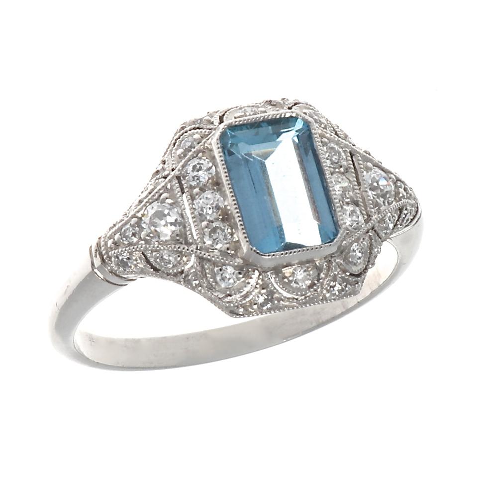 Art Deco Revival Aquamarine Diamond Platinum Ring In New Condition In Beverly Hills, CA