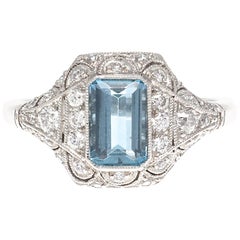 Art Deco Revival Aquamarine Diamond Platinum Ring