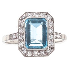 Art Deco Revival Aquamarine Diamond Platinum Ring