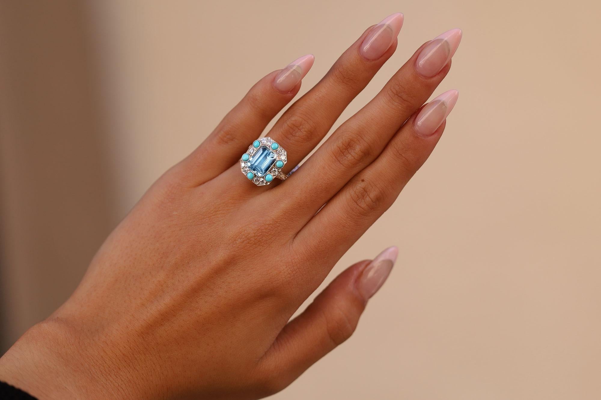Emerald Cut Art Deco Revival Aquamarine Turquoise and Diamond Ring For Sale