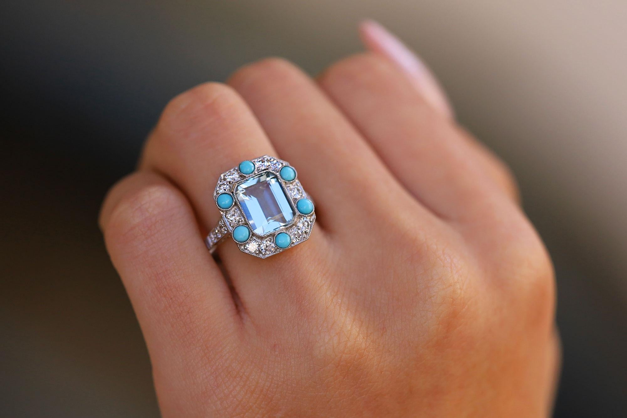 Art Deco Revival Aquamarine Turquoise and Diamond Ring In New Condition For Sale In Santa Barbara, CA