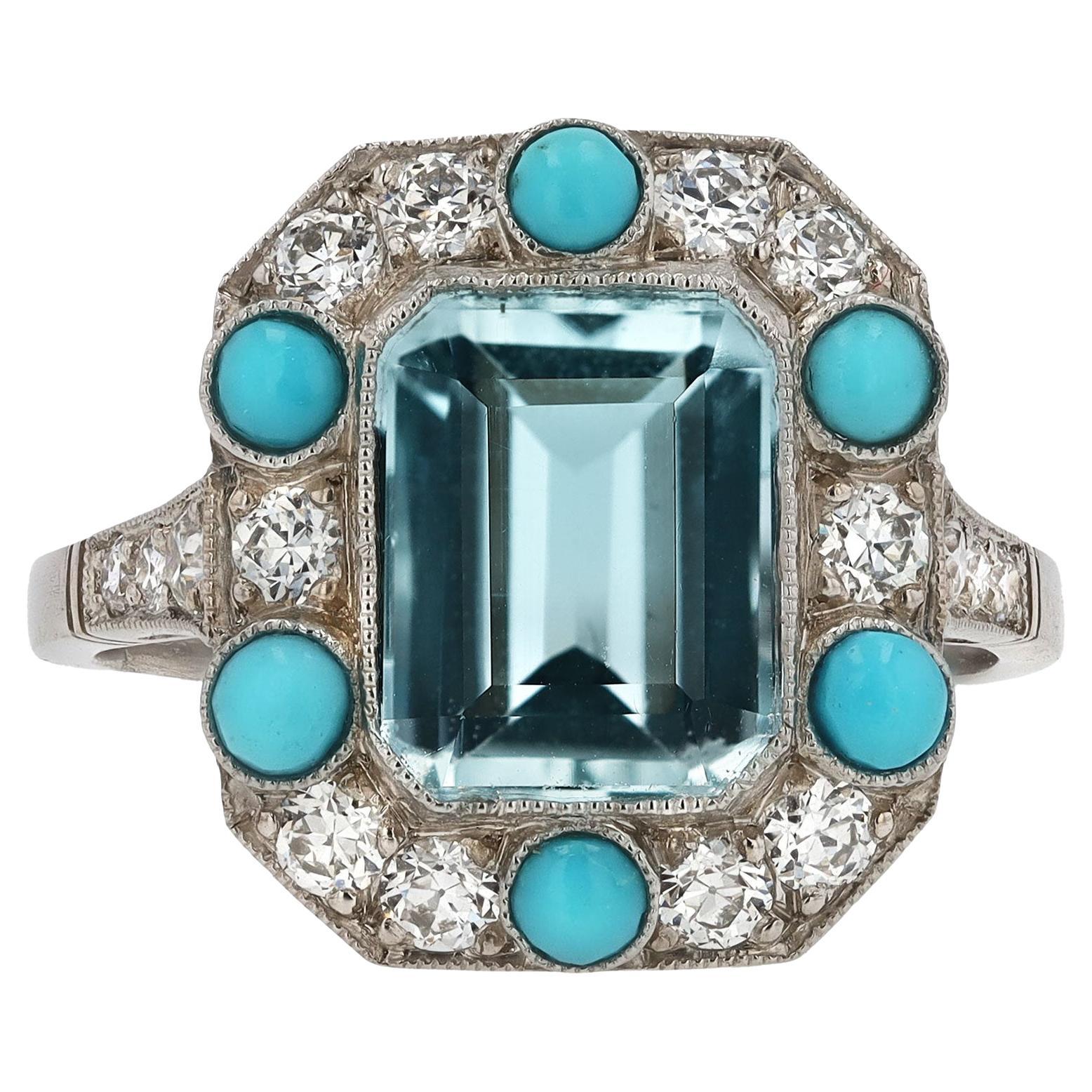 Art Deco Revival Aquamarine Turquoise and Diamond Ring For Sale