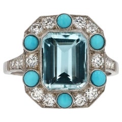 Art-Déco-Revival-Ring mit Aquamarin, Türkis und Diamant