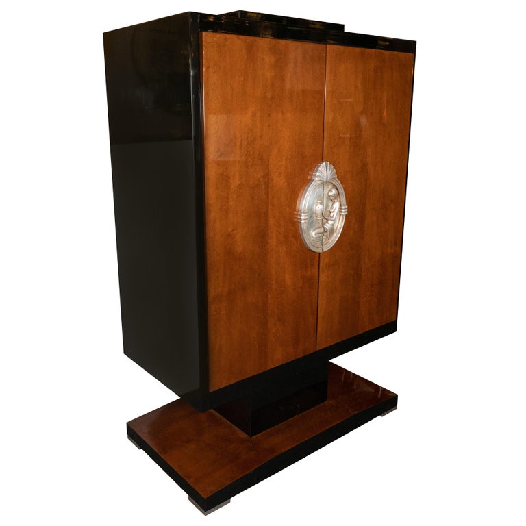 Art Deco Revival Armoire in Walnut, Black Lacquer and Giltwood at 1stDibs