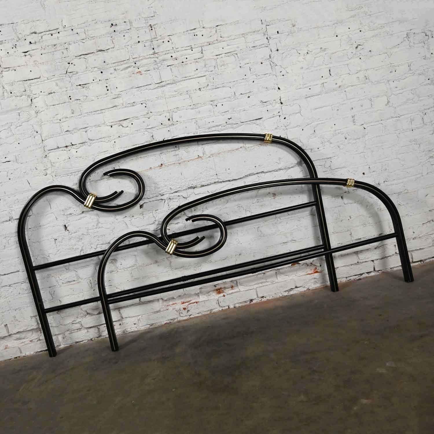 Lovely Art Deco Revival black and gold accent filled flattened metal tube queen side bed signed by Michele Archiutti. Beautiful condition, keeping in mind that this is vintage and not new so will have signs of use and wear. The finish was originally