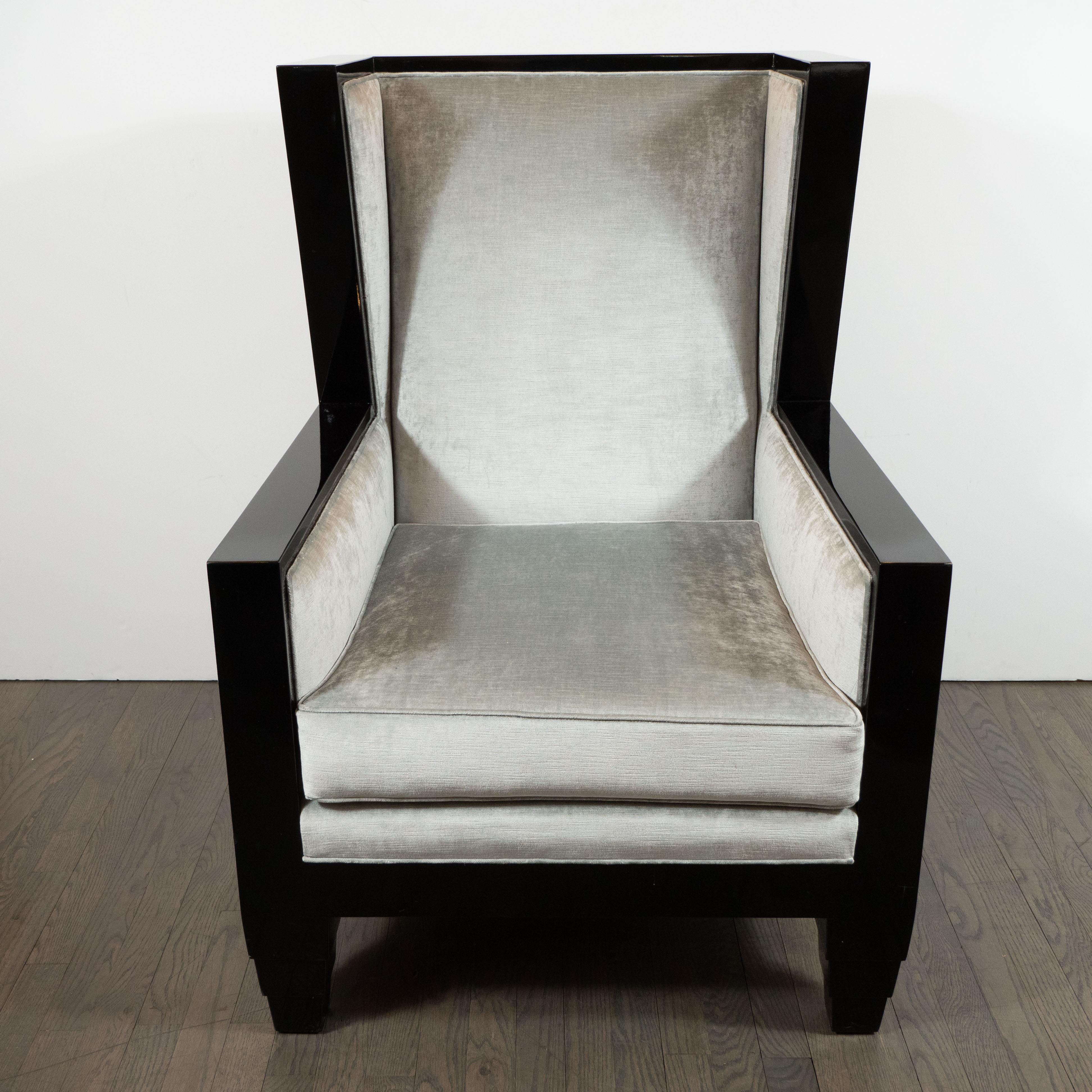 American Art Deco Revival Black Lacquer & Platinum Velvet High Back Chair by Noel Jeffrey