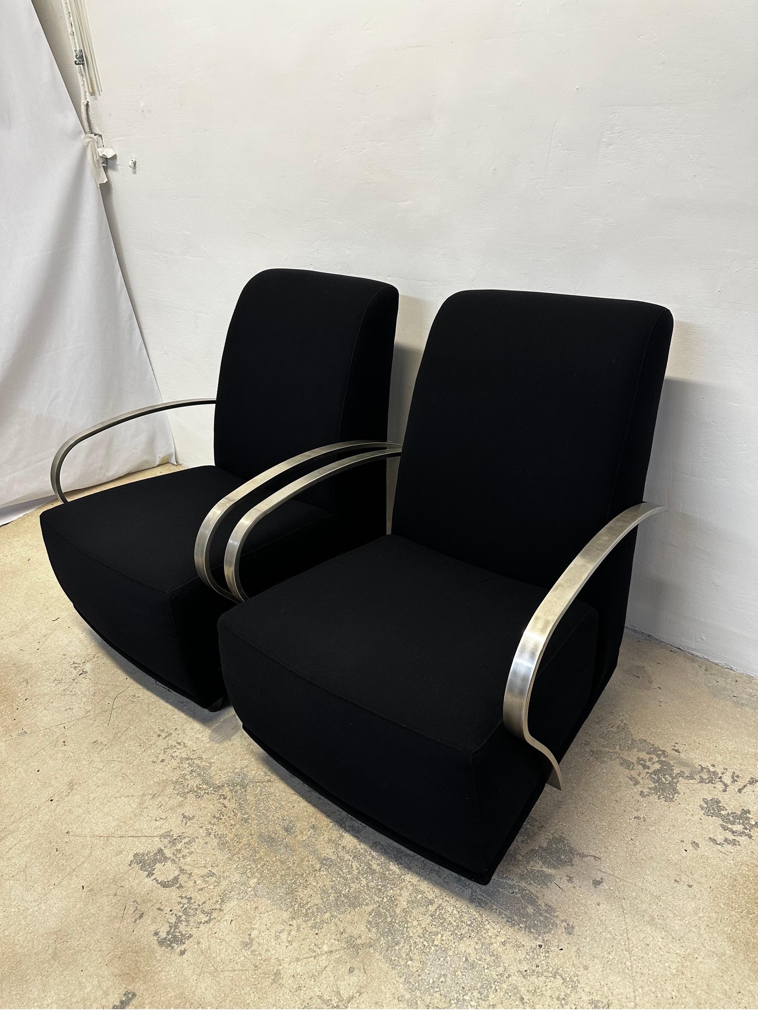 American Art Deco Revival Black Lounge Chairs With Steel Arms by Directional - a Pair For Sale